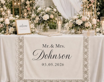 Custom Lace Wedding Table Runner, Personalized Fabric Table Banner, Sweetheart Table Sign, Wedding Reception Decor, Bridal Table Decor