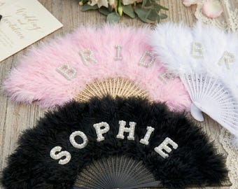 Personalized Feather Fan for Bride, Wedding Photo Prop, Custom Bridesmaid Gift, Handheld Wedding Fan, Bride Gift, Rustic Wedding Accessory