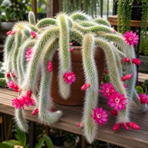 May include: A trailing cactus with long, slender, green stems covered in fine white spines, planted in a round terracotta-colored pot. The plant features numerous vibrant, bright pink flowers in various stages of bloom along the stems.
