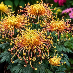 Op de afbeelding: Een groep chrysanten met lange, slanke, gekrulde bloemblaadjes die verlopen van diep roodoranje aan de basis naar helder goudgeel aan de uiteinden, geplaatst tegen donkergroen, diep ingesneden blad.
