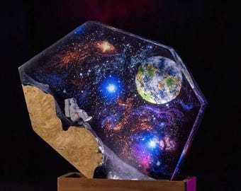 Lámpara artesanal "Descanso del Viajero" de madera y resina / Diorama hexagonal de galaxia / Accesorio de escritorio cósmico / Regalo único de astronauta para él