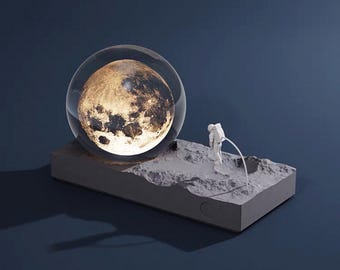 Moon & Earth Glow Lamp | Astronaut Lunar Night Light | 3D Moon Globe with Satellite or Astronaut
