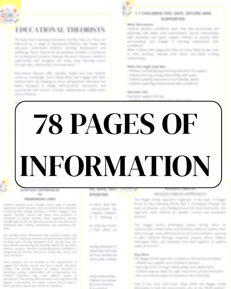 May include: A white document with the text "78 PAGES OF INFORMATION" in a black rectangle. The document also contains text about educational theories and child development.