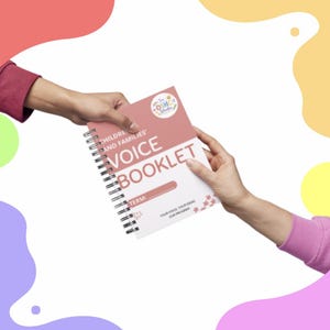May include: A spiral-bound booklet with a white and dusty rose cover featuring the text "CHILDREN AND FAMILIES VOICE BOOKLET", a "The OSHC Studio" logo, a "TERM:" field, and the phrase "YOUR VOICE. YOUR IDEAS. OUR PROGRAM." with small floral accents.