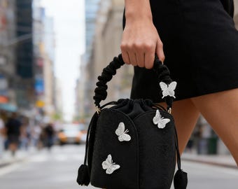 Butterfly Whisper Handcrafted Bucket Bag | Black Textured Drawstring Purse
