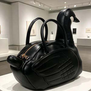 May include: A black handbag shaped like a swan, with a gold zipper and handles. The bag features a swan head and wing details. The bag is sitting on a white surface in an art gallery.