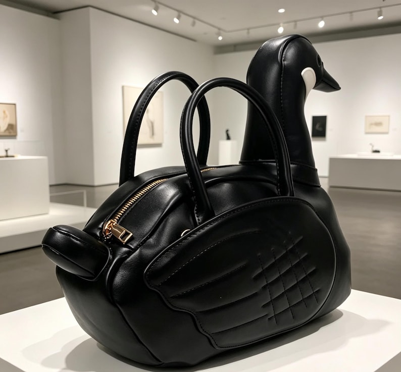 May include: A black handbag shaped like a swan, with a gold zipper and handles. The bag features a swan head and wing details. The bag is sitting on a white surface in an art gallery.