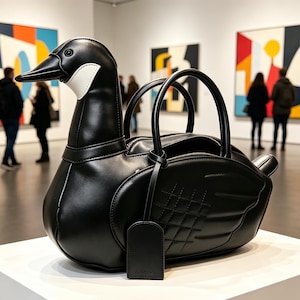 May include: A black leather handbag shaped like a goose, with a long neck and a beak. The bag has two handles and a tag. The bag is on display in an art gallery.