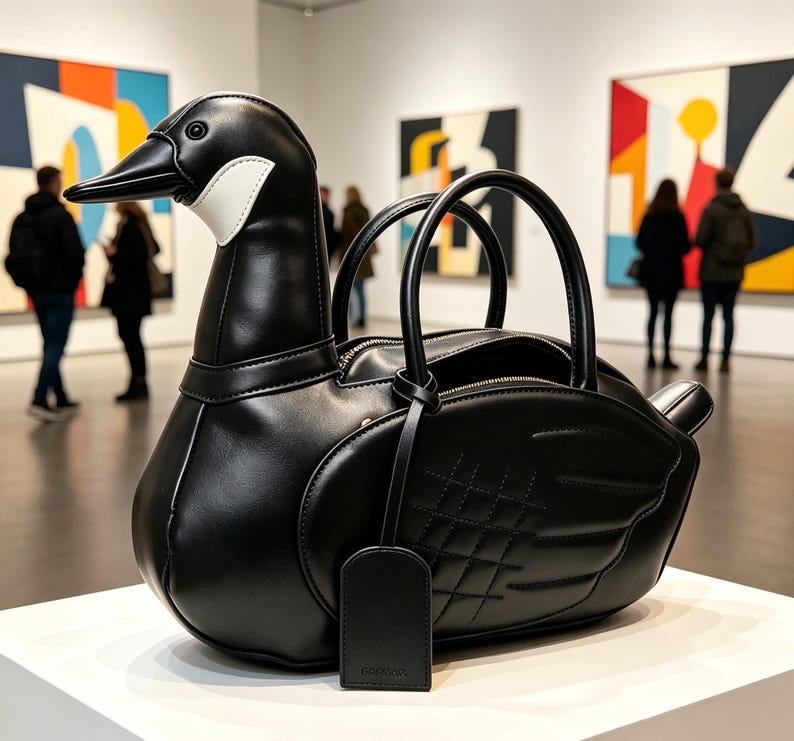 May include: A black leather handbag shaped like a goose, with a long neck and a beak. The bag has two handles and a tag. The bag is on display in an art gallery.