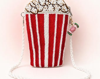Hand Beaded Popcorn Crossbody Bag, Rhinestone Novelty Purse with Candy Charm