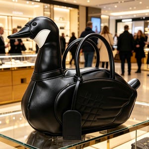 May include: A unique black leather handbag shaped like a goose, featuring a long beak, white accents, and a structured design. The bag has two handles and a detachable tag. The bag is displayed on a glass shelf in a store.