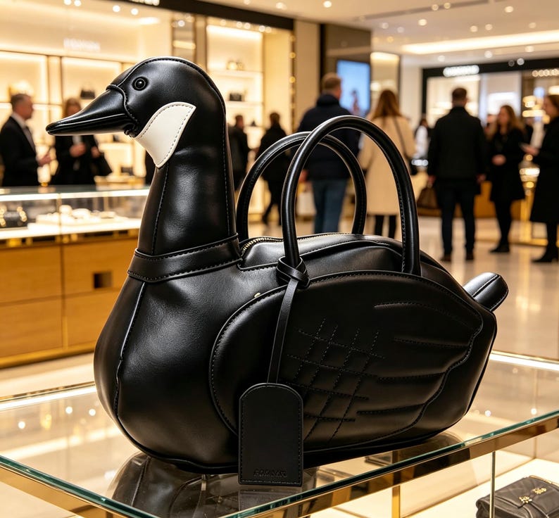 May include: A unique black leather handbag shaped like a goose, featuring a long beak, white accents, and a structured design. The bag has two handles and a detachable tag. The bag is displayed on a glass shelf in a store.