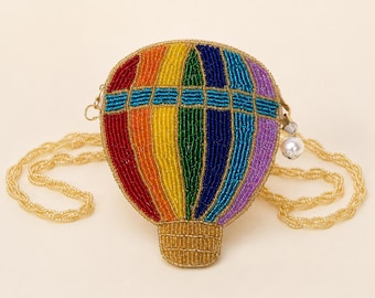 Handmade Rainbow Hot Air Balloon Beaded Mini Crossbody Bag, Travel Lover Gift
