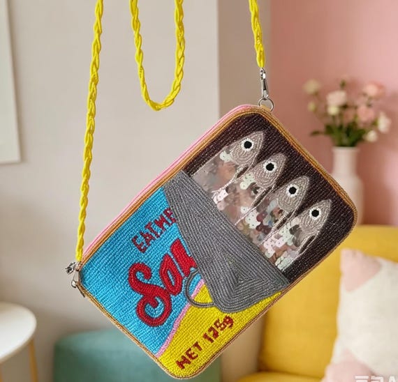 Hand Beaded Sardine Can Bag, Novelty Fish Crossbody Purse, Coastal Seafood Handbag