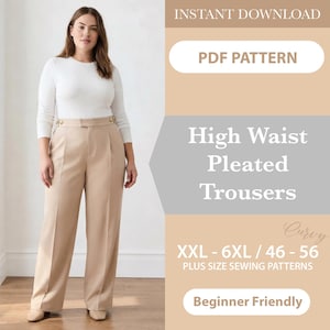 Plus Size Pdf Schnittmuster für Damen, weite Hose mit hoher Taille und Falten