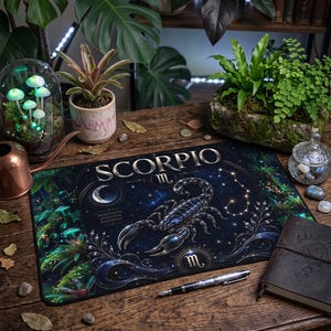 May include: A rectangular desk mat featuring a dark blue celestial theme with a central scorpion illustration, the text SCORPIO, the Scorpio zodiac symbol, a crescent moon, and star constellations, surrounded by a lush, glowing forest border.