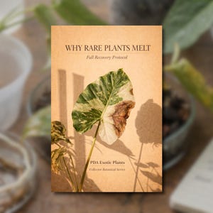 Puede incluir: Una guía informativa rectangular titulada WHY RARE PLANTS MELT Full Recovery Protocol de PDA Exotic Plants Collector Botanical Series. La portada muestra una hoja variegada verde y blanca con manchas marrones sobre un fondo beige.