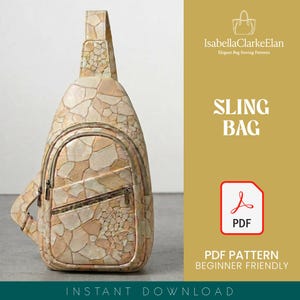 Peut inclure: Un sac à bandoulière avec un motif de pierre en mosaïque beige et crème, une sangle unique et une poche frontale zippée. Le texte IsabellaClarkeElan, SLING BAG, PDF, et PDF PATTERN BEGINNER FRIENDLY INSTANT DOWNLOAD est visible.