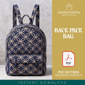Könnte beinhalten: Ein marineblauer Rucksack mit einem sich wiederholenden beigen kreisförmigen geometrischen Muster, einem Tragegriff, zwei Schultergurten und einer Vordertasche mit zwei vertikalen Riemen. Der Text lautet IsabellaClarkeElan Elegant Bag Sewing Patterns BACK PACK BAG PDF PDF PATTERN BEGINNER FRIENDLY INSTANT DOWNLOAD.