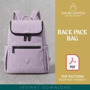 May include: A light purple corduroy backpack with black zips and trim. The bag features a top flap, a front zipped pocket, and two side pockets. Text on the right reads IsabellaClarkeElan, BACK PACK BAG, PDF, and PDF PATTERN BEGINNER FRIENDLY.