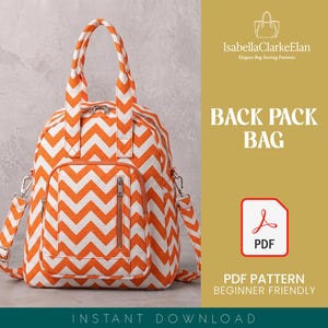 Könnte beinhalten: Ein Rucksack mit einem leuchtend orange-weißen Zickzackmuster, ausgestattet mit zwei Tragegriffen, verstellbaren Schultergurten und einer vertikalen Reißverschlusstasche vorne. Der Text IsabellaClarkeElan, BACK PACK BAG, PDF und PDF PATTERN BEGINNER FRIENDLY ist zu sehen.