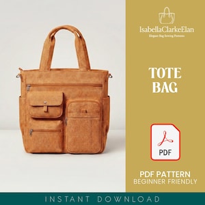 May include: A brown tote bag with multiple pockets and a geometric pattern. The bag has a top handle and a shoulder strap. The image also includes the text "TOTE BAG" and "PDF PATTERN BEGINNER FRIENDLY".