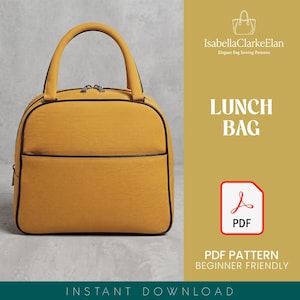 May include: A mustard yellow lunch bag with a rounded top, two handles, and dark brown piping. The text IsabellaClarkeElan, LUNCH BAG, PDF, and PDF PATTERN BEGINNER FRIENDLY INSTANT DOWNLOAD are visible on the right side of the image.