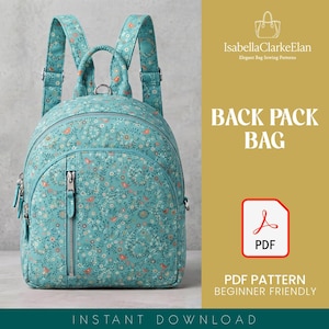 May include: A teal backpack featuring a repeating pattern of small orange birds, white flowers, and green foliage. The bag includes a top handle, two shoulder straps, and a vertical zippered front pocket. Text reads IsabellaClarkeElan BACK PACK BAG.