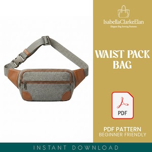 May include: A grey heathered waist pack bag with tan leather-like accents on the corners and sides. It features an adjustable grey strap with a plastic buckle, a front zippered pocket, and the text IsabellaClarkeElan WAIST PACK BAG PDF.