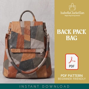 Puede incluir: Una mochila con diseño de parches en tonos marrón, beige y gris que imitan el cuero. Incluye un asa superior, correas ajustables y cierre de solapa frontal. El texto a la derecha indica IsabellaClarkeElan, BACK PACK BAG y PDF.