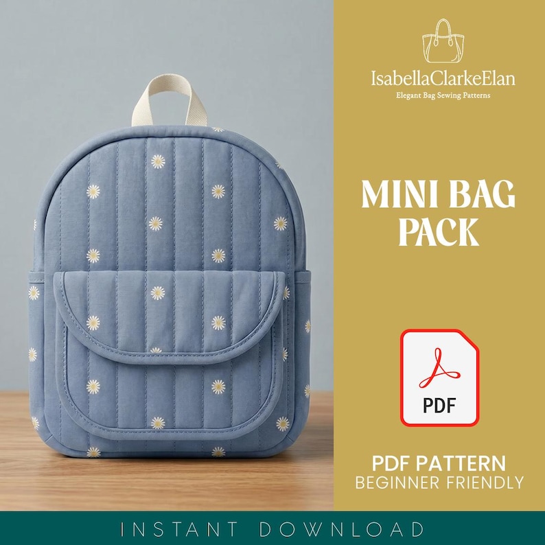 Miniryggsäck PDF-sömnadsmönster | Nybörjarvänlig handledning för sminkfodral Miniryggsäckssömnadsmönster, Söt liten ryggsäck bild 1