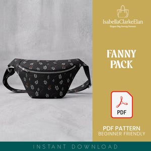 May include: A black fanny pack with a white and red leaf pattern, featuring a silver zipper closure and an adjustable strap. The image includes text reading IsabellaClarkeElan, FANNY PACK, PDF, and PDF PATTERN BEGINNER FRIENDLY.
