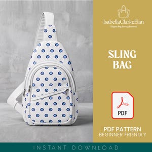 Pode incluir: Uma mochila de uma alça branca com um padrão repetitivo de olhos azuis e pretos, um bolso frontal com zíper e uma alça. O texto IsabellaClarkeElan, SLING BAG, PDF e PDF PATTERN BEGINNER FRIENDLY INSTANT DOWNLOAD é visível.