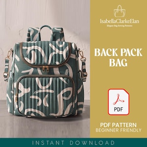 Puede incluir: Una mochila acolchada de color verde azulado con un patrón de pinceladas blancas, cremalleras doradas y correas ajustables. El texto IsabellaClarkeElan Elegant Bag Sewing Patterns, BACK PACK BAG, PDF y PDF PATTERN BEGINNER FRIENDLY es visible.