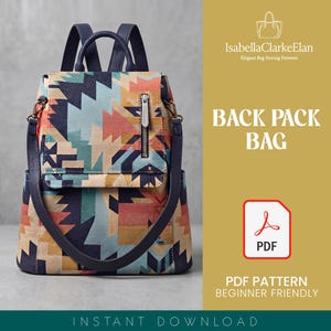 May include: A backpack bag with a geometric pattern in shades of blue, orange, yellow, and cream. The bag features dark blue straps, a top handle, and a vertical silver zip on the front flap. Text includes IsabellaClarkeElan, BACK PACK BAG, and PDF.