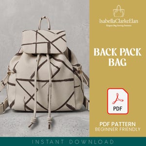 May include: A cream-coloured backpack featuring a dark brown abstract brushstroke pattern, a top handle, and a drawstring closure with two long cords. The image includes text reading IsabellaClarkeElan, BACK PACK BAG, and PDF PATTERN BEGINNER FRIENDLY.