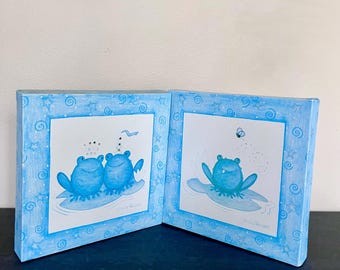 Set of 2 Blue Frog Canvas Signed by Sandy Russell