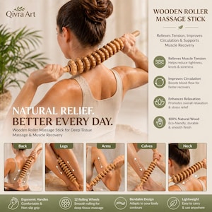May include: Wooden roller massage stick for deep tissue massage and muscle recovery. The stick is made of natural wood and features 12 rolling wheels. The image shows the stick being used on the back, legs, arms, calves, and neck.