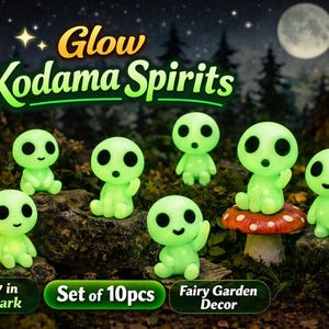 10pcs Glow-in-the-Dark Kodama Spirits Miniature Set - Bioluminescent Marshian Figures for Gardens, Terrariums, Pots & Aquariums