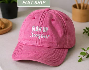 Vintage Washed Denim Cap, Motivational "Glow Up Season" Embroidery
