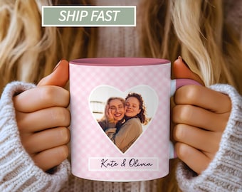 Personalized Photo Heart Mug, Custom Name Friend Coffee Cup