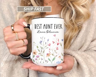 Beste Tante überhaupt Wildblumen Kaffeetasse, benutzerdefinierte Name Tante Becher, Tante Geburtstagsgeschenk, Babymitteilung, neue Tante, M-41