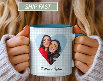 Personalized Photo Heart Mug, Custom Name Friend Coffee Cup, Best Friend Birthday Gift
