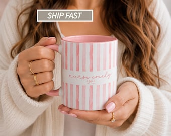 Nurse Mug Personalized Name Striped Coffee Cup, Nurse Gift for Women, RN Appreciation Gift, Nursing Student Grad 2026