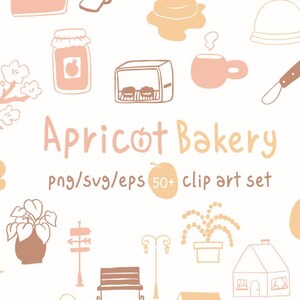 Puede incluir: Una colección de ilustraciones dibujadas a mano con temática de panadería. La imagen presenta varios elementos como un melocotón, un tarro de mermelada, una tostadora, una taza de café y un cuchillo de pan. El texto "Apricot Bakery" se muestra, junto con "png/svg/eps" y "50+ clip art set".