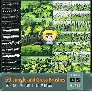 May include: A digital collection of 59 jungle and grass brushes for Photoshop, featuring various green foliage patterns, blades of grass, and leafy textures displayed in a grid, with a cartoon character icon and the text 59 Jungle and Grass Brushes.