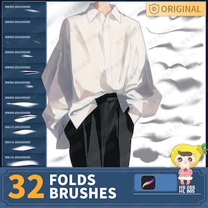 Könnte beinhalten: Digitale Illustration einer Person in einem weißen Hemd und einer schwarzen Hose. Das Bild zeigt ein Set von 32 Faltenpinseln für digitale Kunst, mit dem Text "FOLDS BRUSHES" und "32" unten links.