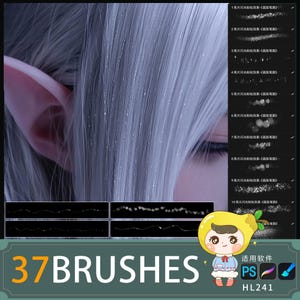 Könnte beinhalten: Digitales Kunstbild, das eine Person mit silbernem Haar mit Glitzereffekten zeigt. Das Bild enthält eine Grafik mit dem Text "37 BRUSHES" und eine Cartoonfigur. Das Bild zeigt auch Pinselstrichbeispiele.