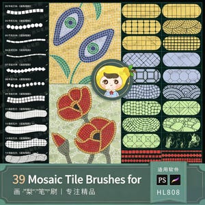 Könnte beinhalten: Digitales Kunst-Grafik mit 39 Mosaikfliesen-Pinseln für Photoshop. Das Bild zeigt verschiedene Mosaikmuster, darunter Blumen- und geometrische Designs, zusammen mit einer Cartoon-Figur und Text.