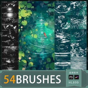 May include: Digital art set featuring 54 brushes with water ripple effects, lily pads, and a koi fish. The color palette includes shades of green, blue, and white. The text "54 BRUSHES" is displayed at the bottom, along with software compatibility information.